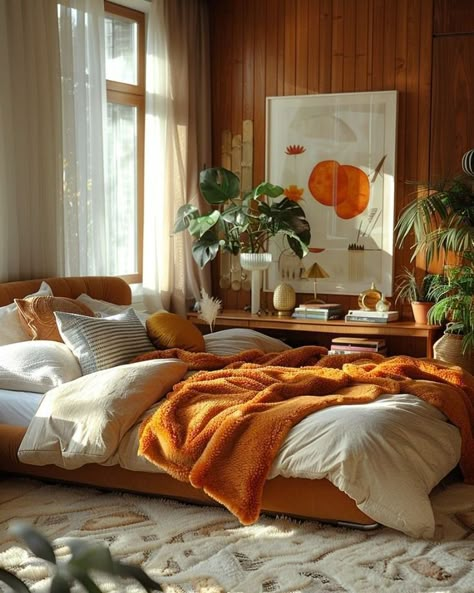 Refresh Aesthetic, Bedroom Forest, Blossom Aesthetic, 70s Room, 70s Interior Design, Forest Bedroom, Happy Aesthetic, Large Bed, 70s Interior