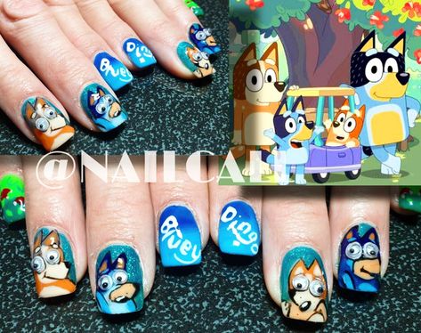 Bluey Themed Nails, Bluey Cartoon Nail Art, Bluey And Bingo Nails, Bluey Cartoon Nails, Bluey Nails Ideas, Bluey Inspired Nails, Bluey Nail Ideas, Dog Nail Art, Ongles Bling Bling