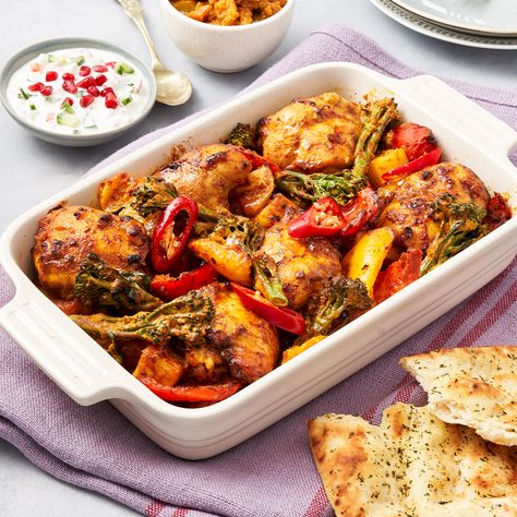 Chicken Tikka Traybake Recipe | Recipes from Ocado Tikka Masala Paste, Tika Masala, Chilli Potato, Tenderstem Broccoli, Lime Pickles, Chicken Tenderloin Recipes, Tray Bake Recipes, Tray Bake, Chicken Tenderloins