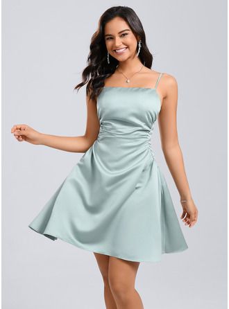 Cute Short Dresses Casual Simple, Blue Satin Dress Short, Formal Dresses Knee Length, Satin Dress Short, Blue Satin Dress, Satin Formal Dress, School Dance Dresses, Short Satin, Formal Dresses For Teens