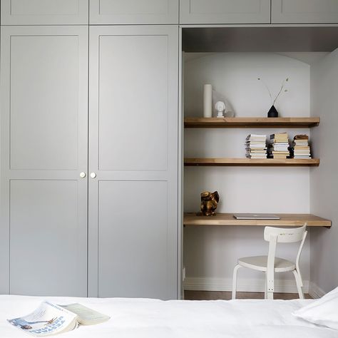 Image gallery of our kitchens and wardrobes | A.S.Helsingö Desk Wardrobe, Desk Nook, Wardrobe Wall, Bedroom Built In Wardrobe, Ikea Wardrobe, Build A Closet, Kitchen Wardrobe, Bedroom Desk, Wardrobe Design Bedroom