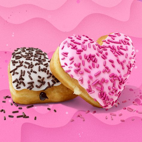 Dunkin's Valentine's Day Seasonal Menu Includes a Pink Velvet Macchiato, Heart-Shaped Doughnuts, and More Mocha Macchiato, Pink Doughnuts, Valentines Day Post, Donut Filling, Flavored Butter, Chocolate Sprinkles, Red Velvet Cupcakes, Valentine Day Special, Cake Shop