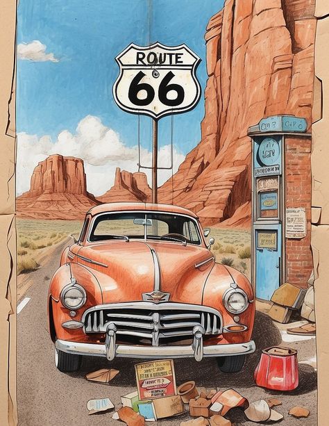 Route 66 Aesthetic, Route 66 Theme, Route 66 Road Trip, Automobile Advertising, Combi Volkswagen, Printable Pages, Abandoned Cars, Journal Kit, Pastel Wallpaper