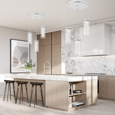 This 3 Lights Cluster LED Pendant light features a simple, modern appearance, highlighted by clear glass and crystal bubble cylinder. Transform your living spaces with this Contemporary fixture that enhances a variety of interior design themes. This refined hanging pendant features natural style inclusions on its inner shades, and they are each surrounded by a Clear Glass outer shade. Each mini-pendant comes with an adjustable cord that allows for custom height adjustability for each pendant. It Kitchen Island Light Wood, Modern Light Kitchen Design, Black White And Neutral Kitchen, White And Light Wood Kitchen, White Oak Kitchen Cabinets Modern, Modern Light Kitchen, Kitchen Inspo Modern, Light Modern Kitchen, Simple Modern Kitchen