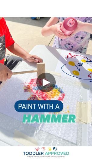 10K views · 330 reactions | THE COOLEST ART IDEA🙌 Save this to try! Kids were swarming to this activity so fast because it was so much fun and used two things they love! HAMMERS + BUBBLE WRAP! (It’s actually a mallet 😀… but a hammer would work too! Use what you have!)

This is so easy to set up and gets kid’s finger muscles working hard to build their fine motor skills too!

Have you ever tried painting with bubble wrap before? Or Hammers? If not, try it! It’s a guaranteed hit.

WHAT YOU NEED:
Mallet (or toy hammer)
Washable paint
Bubble wrap
Tape
Paper

HOW TO DO THIS:
1. Tape paper to a table (or cover an entire table with large white paper).
2. Squeeze on some washable paint.
3. Cover with bubble wrap and secure the edges with tape.
4. Start hammering or squishing & popping! There is Bubble Making Activity, How To Blow A Bubble Writing Activity, Bubble Wrap Art Preschool, Making Bubbles Activity, Bubble Wrap Activities For Toddlers, Bubble Wrap Crafts, Bubble Wrap Art, Bubble Activities, Bubble Paper