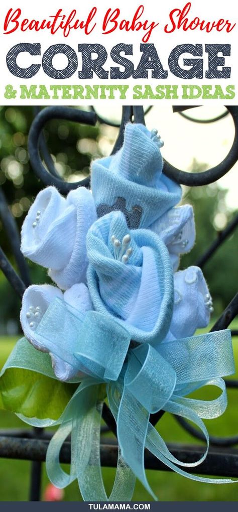 Baby shower corsage and maternity sash ideas. Click to find inspiration or to learn how to make a corsage and a mom-to-be sash (to wear on the belly). Lots of DIY ideas for a girl or a boy shower for daddy for grandma - or a maternity shoot. #babyshower #corsage #maternitysash Make A Corsage, Sash Ideas, Baby Corsage, Baby Shower Food Ideas, Shower Food Ideas, Ideas For Baby Shower, Baby Shower Corsage, Maternity Sash, Baby Sleep Problems