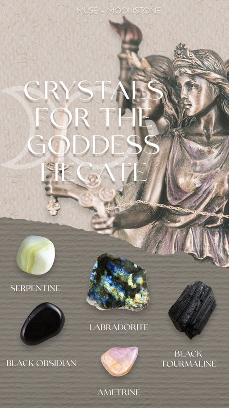 The Goddess Hecate's Crystals: Black Tourmaline,  Black Obsidian, Labradorite, Serpentine, Ametrine Hecate Crystals, Hekate Crystals, Hecate Worship, Hecate Altar Ideas, Chthonic Gods, Divination Journal, Hecate Symbol, Hellenic Polytheism, Greek Goddess Of Magic