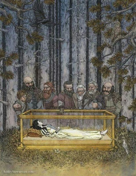 Snow White and the dwarfs Glass Coffin, Snow White Art, East Of The Sun, 7 Dwarfs, Sette Nani, Fairest Of Them All, Brothers Grimm, Fairytale Illustration, Fairytale Art