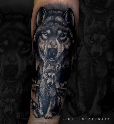 Wolf With Cubs Tattoo, Wolf Mom And Pup Tattoo, Wolf Cub Tattoo, Wolf And Pup Tattoo, Wolf And Cub Tattoo, Baby Wolf Tattoo, Cub Tattoo, Wolf And Moon Tattoo, Husky Tattoo