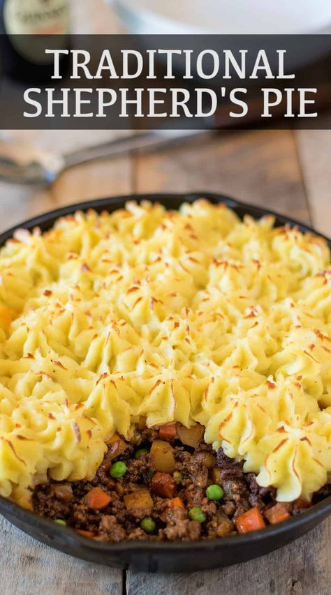 Shepherd’s pie is a British comfort food classic loved by all. Ground beef is cooked with vegetables and Guinness for an extra flavor boost, then topped with fluffy mashed potato and baked. #shepherdspie #cottagepie #lamb Sheperherds Pie, Traditional Shepherds Pie Recipe, Traditional Shepherds Pie, British Cooking, Shepherds Pie Recipe, Meal Prep Plans, Ground Lamb, Cottage Pie, Comfort Food Recipes Dinners