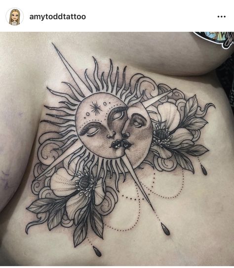 Chest And Stomach Tattoo Female, Underbust Tattoo Ideas Moon, Moon Stomach Tattoo, Sun Ad Moon Tattoo, Sun And Moon Chest Tattoo Female, Moon And Sun Chest Tattoo, Celestial Chest Tattoo, Hip Tattoos Women Sun And Moon, Cool Sternum Tattoos