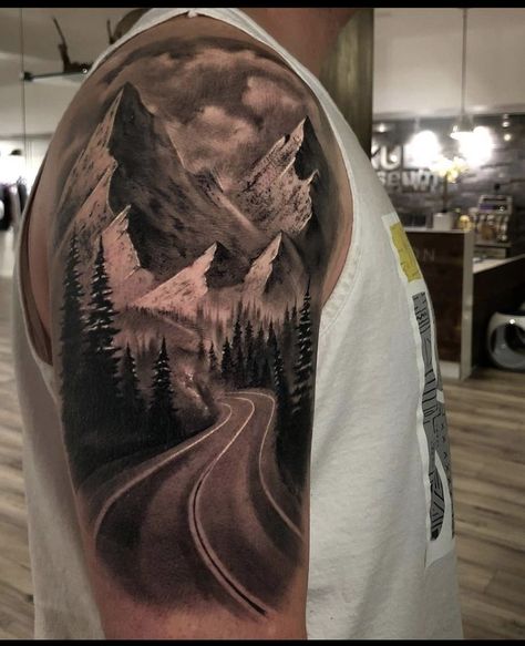 Realism Landscape Tattoo, Road Tattoo Sleeve, Shoulder Mountain Tattoo, Highway Tattoo Ideas, Mountain Road Tattoo, Highway Tattoo, Mountain Scene Tattoo, Path Tattoo, Trucker Tattoo