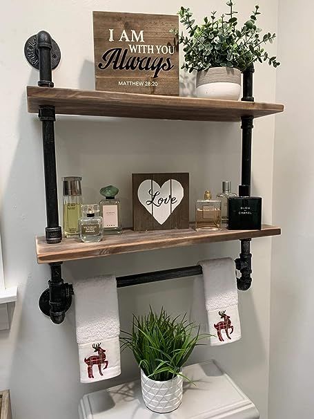 Farmhouse Towel Rack, Industrial Towel Rack, Industrial Pipe Shelf, Shelf With Towel Bar, Pipe Shelving, Wood Shelving Units, Hanging Wine Rack, Rustic Wall Shelves, Pipe Shelf