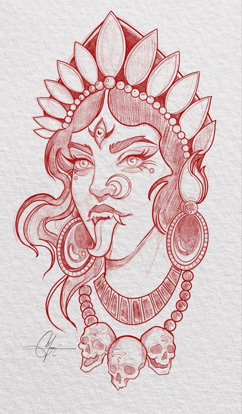 Ma Kali Mandala Art, Goddess Kali Drawing, Maa Kali Mandala Art, Vedic Tattoo, Kali Tattoo Design Art, Hindu Goddess Tattoo, Kali Mata Tattoo, Jibaro Tattoo, Goddess Line Drawing