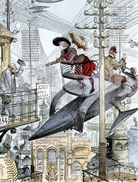 smithsonian victorian era | People in a flying machine in a futuristic town, illustration by ... Albert Robida, Retro Science Fiction, French Illustration, Vintage Sci Fi, Visions Of The Future, World Of Tomorrow, Retro Future, Retro Sci Fi, Jules Verne