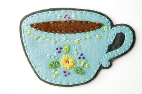 Free teacup embroidery Teacup Embroidery, Teacup Bookmark, Blue Tea Cup, Embroidery Template, Cup Mat, Reading Nook, Embroidery Kits, Needle And Thread, One Design