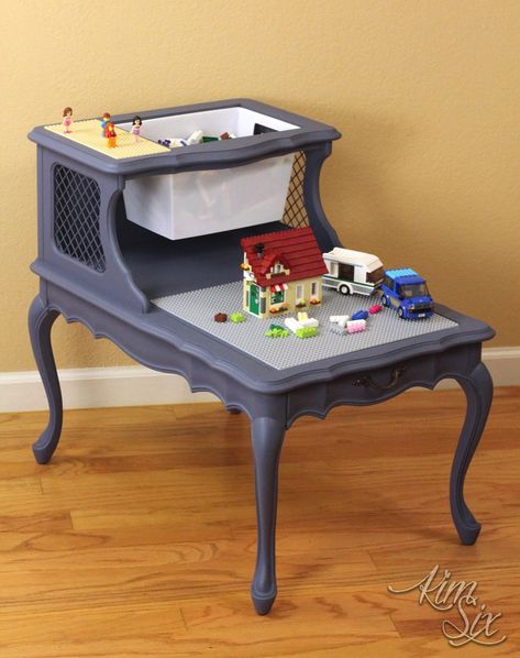 Two Tier End Table, Wooden Train Table, Diy Lego Table, Tiered Side Table, Lego Table With Storage, Old End Tables, Decor Upcycle, Lego Table Diy, Lego Play