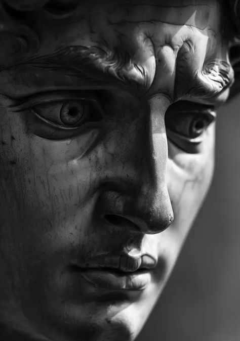 Full Color Image in ai-img-gen.com 🔸 close-up of the face, black and white photo, greek statue of David in the style of Michelangelo, loo... 🔸 From Midjourney AI Image Statue Eyes, Statue David, Black And White Statue Aesthetic, Greek Statue Head Drawing, Greek Statues Portrait, Greek Statue Face, Black And White Sculpture Photography, Greek Sculpture Black And White, Close Up Faces