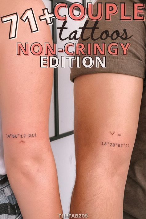 Unique Couple Tattoo Designs You’ll Both Adore Ex Couple Matching Tattoos, Couple Words Tattoos, Initials And Date Tattoo, Anniversary Tatoos Ideas, Funny Couple Tattoo Ideas, His N Her Tattoos, Spouse Name Tattoos Ideas, Couples Tattoo Ideas Unique, Romantic Tattoo Couples