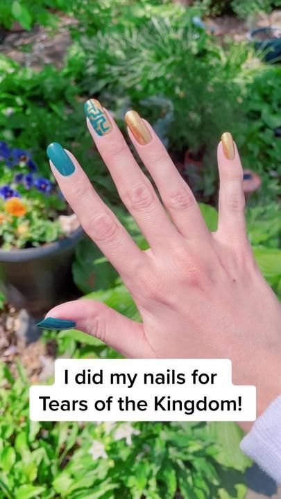 Zelda Totk Nails, Breath Of The Wild Nails, Tears Of The Kingdom Nails, Tears Of The Kingdom Tips, Zelda Nails Designs, Legend Of Zelda Nail Art, Tears Of The Kingdom Tattoo, Zelda Nail Art, Legend Of Zelda Nails