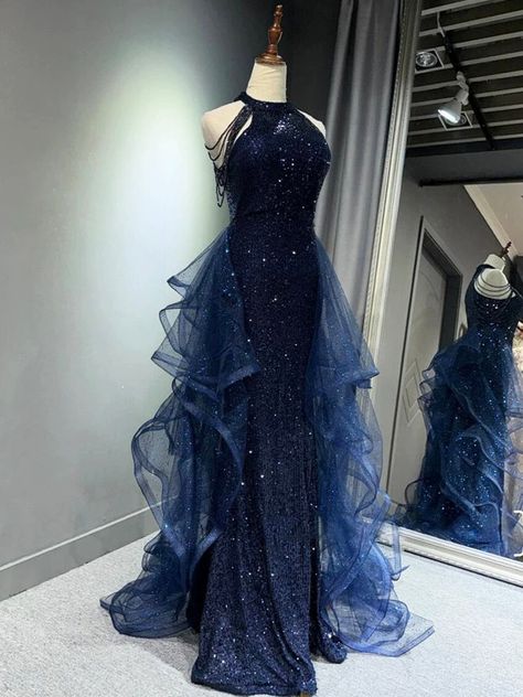 Navy Blue Sequins Long Prom Party Dress · Little Cute · Online Store Powered by Storenvy One Of A Kind Prom Dresses Unique, Prom Dresses With Back Covered, Dark Blue Prom Dress Elegant, Dark Color Prom Dress, Blue Sweetheart Dress, Prom Gala Dresses, Navy Gowns Elegant, Dark Blue Masquerade Dress, Mythical Ball Gowns