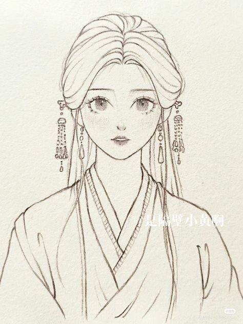 Geisha Hair Drawing, Chinese Anime Drawing, Kimono Sketch Drawing, Korea Art Draw, Korean Girl Drawing, Kimono Sketch, Chinese Girl Drawing, Manhua Art Style, Chinese Sketch