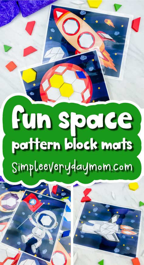 These space pattern block mats are a fun STEM activity for toddlers, preschool and kindergarten children. Download these printable mats and use for homeschooling or in the classroom! #simpleeverydaymom #stem #steam #stemactivities #learningactivities #educationalactivities #homeschooling #homeschoolpreschool #preschool #kindergarten #homeschool #classroom Space Pattern Block Mats, Space Activities Preschool, Pattern Block Printables, Space Lesson Plans, Pattern Block Mats, Space Theme Preschool, Space Lessons, Space Activities For Kids, Space Preschool