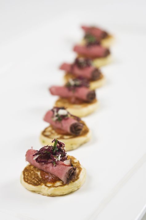 White Truffle Pancake with Grilled NY Steak  #culinarycapers #canape #horsdoeuvre #catering http://www.culinarycapers.com/ Photo: Chef Margaret Chisholm Savoury Party Food, Canapes Catering, Ny Steak, Gourmet Appetizers, Fancy Appetizers, Cocktail Party Food, Mini Appetizers, Catering Buffet, Bite Size Appetizers