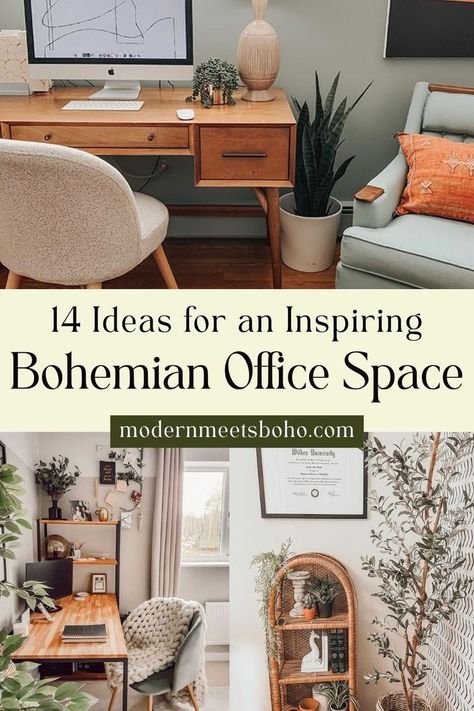 Revamp your work sanctuary with 14 ideas for an inspiring bohemian office space. Infuse personality into your home office with boho office decor that sparks creativity and boosts your motivation. Tap for the best tips on creating a boho office room! Boho Living Room Office Combo, Office Decor Zen Spaces, Boho Beach Office, Modern Boho Office Design, Office Meditation Room Combo, Boho Professional Office Decor, Boho Bedroom Office Combo, Boho Small Office Space, Earthy Modern Office