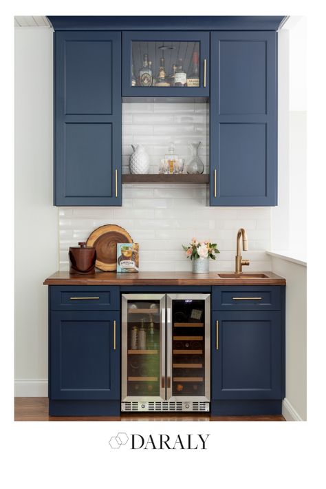 Blue Wet Bar Cabinets, Dark Blue Wall Kitchen, Blue Cabinet Bar, Wet Bar Butcher Block Counter, Blue Cabinet Wet Bar, Dark Blue Bar Cabinets, Navy Blue Cabinets Wet Bar, Navy Blue Bar Cabinets, Wet Bar Wood Countertop