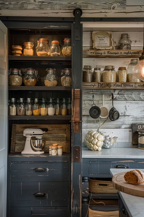 Old Farmhouse Pantry, Open Kitchen Shelving Ideas, Farmstead Kitchen, Scullery Ideas, Pantry Farmhouse, Farmhouse Kitchen Pantry, Functional Farmhouse, Kitchen Pantry Ideas, Old Farmhouse Kitchen