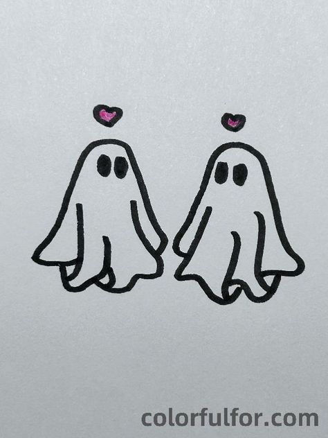 Ghost-Couple-in-Love Cute Hug Doodle, Drawing Ideas For Halloween, Ghost Drawing Ideas, Ghost Drawing Easy, Ghost Doodles, Easy Elephant Drawing, Scarecrow Drawing, Ghost Couple, Cute Hug