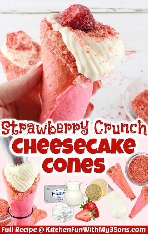 No Bake Cheesecake Cones, Strawberry Crunch Cones, Strawberry Crunch Cheesecake Recipe, Strawberry Cheesecake Cones, Cheesecake Stuffed Cones, Cheesecake Cones Recipe, Cone Desserts, Crunch Cone, Strawberry Crunch Cheesecake Cones