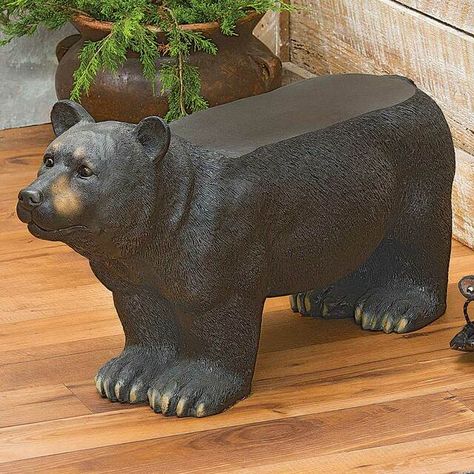 Rustic Accent Furniture, Bear Bench, Black Bear Decor, Twig Furniture, Bear Tracks, Moose Decor, Little Cabin In The Woods, Black Forest Decor, Ceramic Frogs