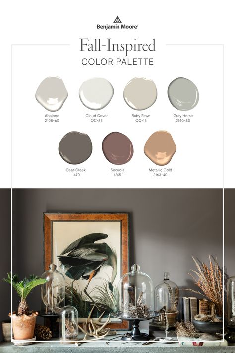 Fall is here! Immerse your home in the spirit of the season with this cozy, fall-inspired paint color palette from Benjamin Moore. Inspired by the warm, comforting hues of autumn, these colors will bring a fall aesthetic to any room in your home. Best Paint Colors To Go With Orange Oak, Cozy Benjamin Moore Colors, Benjamin Moore Fall Colors, Warm Benjamin Moore Paint Colors, Warm Neutral Paint Colors Benjamin Moore, Autumn Paint Colors, Cozy Paint Colors, Benjamin Moore Color Palette, Fall Paint Colors