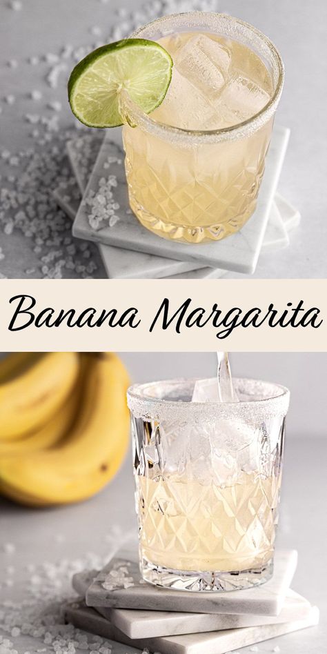 This easy banana margarita is the perfect summer drink. Made with homemade banana syrup, using simple & easy to find ingredients. Served on the rocks with a salt or sugar rim. Banana Flavored Alcoholic Drinks, Banana Alcoholic Drink, Banana Drinks Alcohol, 99 Bananas Drinks Recipes, Banana Margarita Recipe, Banana Mocktail, Banana Liqueur Drinks, Banana Rum Drinks, Margarita Recipes On The Rocks