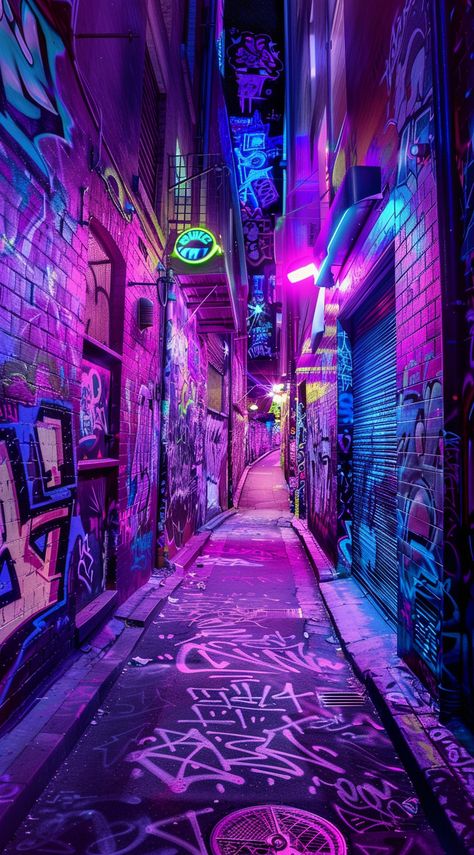 Cool Photo Backgrounds, Episode Interactive Backgrounds Club, Neon Graffiti Wallpaper, City Punk Aesthetic, Purple Street Aesthetic, Undercity Aesthetic, Street Astethic, Cyberpunk Slums, Neon City Art