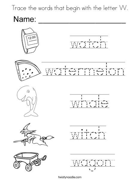 Trace the words that begin with the letter W Coloring Page - Twisty Noodle Todlers Worksheet, Letter W Coloring Page, W Coloring Page, Letter W Activities, Letter A Coloring Pages, Printable Alphabet Worksheets, Cursive Writing Worksheets, Cursive Words, Twisty Noodle