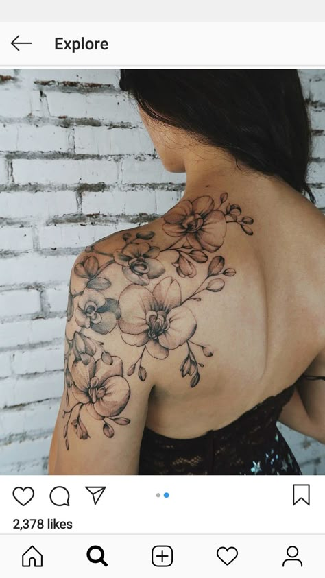 Orchid Flower Sleeve Tattoo, Orchid Tattoo Arm Half Sleeves, Orchid Half Sleeve Tattoo, Black And Grey Orchid Tattoo, Moon And Orchid Tattoo, Orchid Shoulder Tattoos For Women, Shoulder Orchid Tattoo, Orchids Tattoos For Women, Orchid Sleeve Tattoo