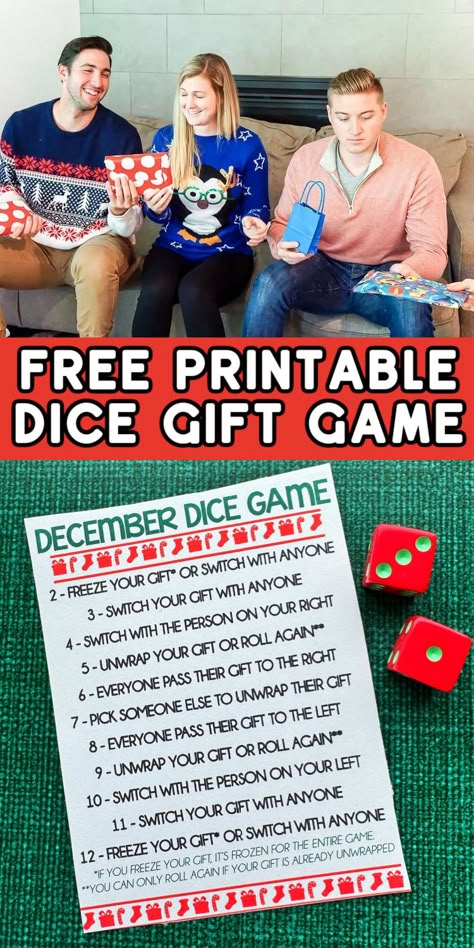 This fun dice gift exchange game is perfect for large groups, office parties, and more! One of the best Christmas party games out there! Christmas Dice Game Gift Exchange Free Printable, Best Christmas Party Games, Dice Gift Exchange, Kid Holiday Games, Disney Party Games, Game For Christmas, Gift Exchange Dice, Gift Exchange Game, Girls Night Movies