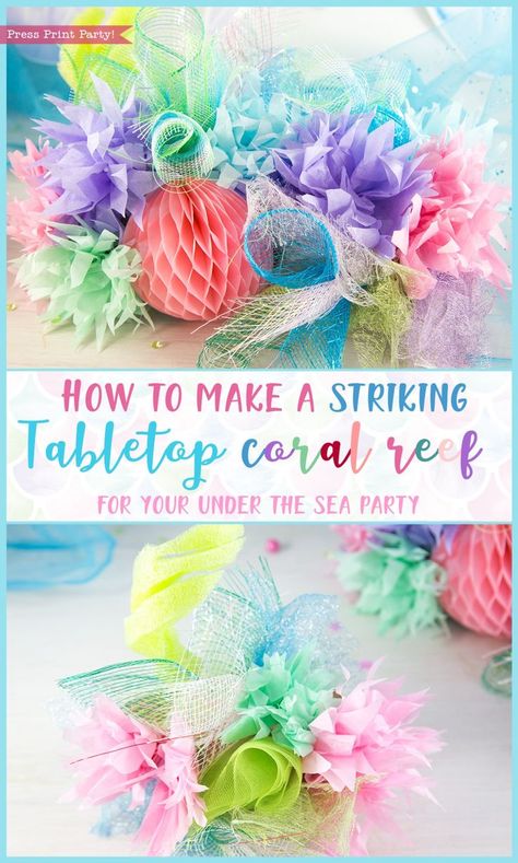 How to make a striking tabletop coral reef for your mermaid or under the sea party - by Press Print Party! Mermaid party, Nemo party, Dorie Party, Under the sea birthday party theme, mermaid birthday. coral reef centerpiece craft Nemo Party, Under The Sea Decorations, Sea Party Ideas, Centerpiece Craft, Sea Birthday Party, Mermaid Baby Showers, Mermaid Parties, Sea Decor, Under The Sea Theme