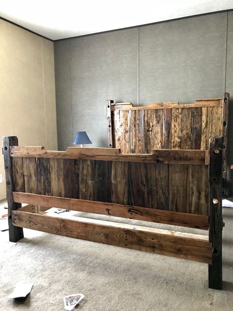 Homemade Queen Bed Frame, Home Made Bed Frames, Western Bed Frame, Door Bed Frame, Homemade Bed Frame, Diy Bed Frame Plans, Western Bed, Homemade Beds, Rustic Bed