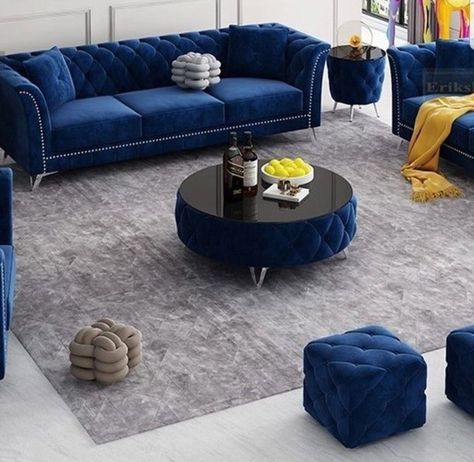 Centre Table For Living Room, Royal Blue Sofa, Apartment Color Schemes, Tire Furniture, Tv Lounge, Couch Ideas, Blue Living Room Decor, Blue Yellow Grey, Corner Sofa Design