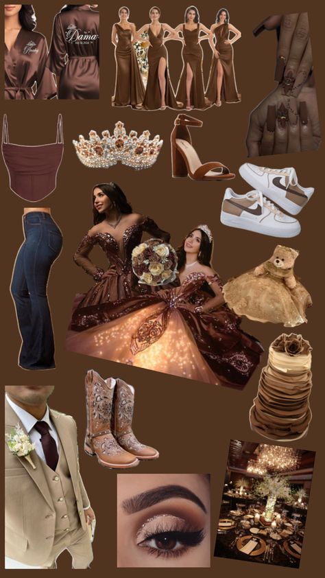 Cowgirl Outfits For Quinceañera, Rare Quince Colors, Light Brown Quinceanera Dresses, Brown Quinceanera Theme, Brown Quinceanera Dress, Fall Quinceanera Themes, Brown Quince Dress, Quince Colors Ideas, Country Quinceanera Ideas