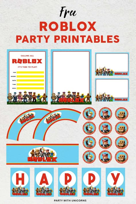 Are you planning a Roblox Party? Download these free Roblox party printables including Roblox Party Invitations Roblox Chocolate Bar Wrappers, Roblox Thank you Cards, Roblox Birthday Banners, Roblox Cupcake Toppers and Roblox Waterbottle Wrappers | Roblox Party | Roblox #roblox #robloxparty Roblox Birthday Printables Free, Roblox Banner Free Printable, Roblox Party Printables Free, Roblox Party Invitations Free Printable, Roblox Scavenger Hunt, Roblox Birthday Party Ideas Printables, Roblox Birthday Banner Free Printable, Roblox Happy Birthday Banner Printable, Roblox Printables Free