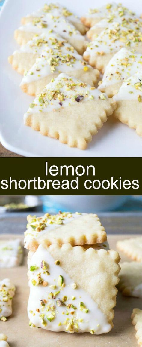 Lemon Shortbread Cookies {An Easy Lemon Pistachio Cookie} shortbread/lemon/pistachio Crisp lemon shortbread cookies dipped in white chocolate and topped with pistachios.  A pretty spring cookie bursting with flavor. via @tastesoflizzyt Cookies Dipped In White Chocolate, Pistachio Cookie, Lemon Pistachio, Lemon Shortbread, Lemon Shortbread Cookies, Pistachio Cookies, Cookies Easy, Spring Cookies, Lemon Cookies