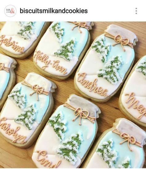 . Jar Cookies, Mason Jar Cookies, Winter Cookie, Pretty Cookies, Xmas Cookies, Fancy Cookies, Creative Cookies, Christmas Sugar Cookies, Christmas Cookies Decorated