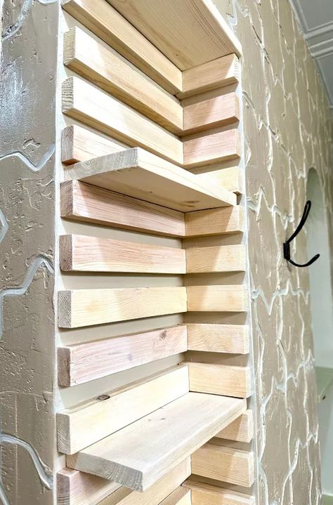 Adjustable Corner Shelves, Wrap Around Shelving, Open Shelving In Bedroom, Diy Shop Ideas, Diy Storage Wall, Diy Adjustable Shelves, Diy Shelves Ideas, Diy Corner Shelf, Basement Bathroom Remodeling