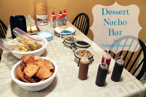 Cute As a Fox: Dessert Nacho Bar Dessert Nacho Bar, Nachos Dessert, Nachos Bar, Nacho Bar Party, Dessert Nachos, Party Food Bar, Nacho Bar, Potato Bar, Fun Dessert