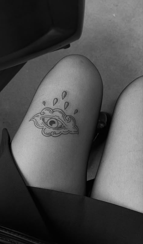 Knee Eye Tattoo, Easy Knee Tattoo, Behind Knee Tattoo, Tattoo Ideas Above Knee, Simple Knee Tattoos, Upper Knee Tattoo Women, Top Of Knee Tattoo, Side Of Knee Tattoo, Above The Knee Tattoos Women